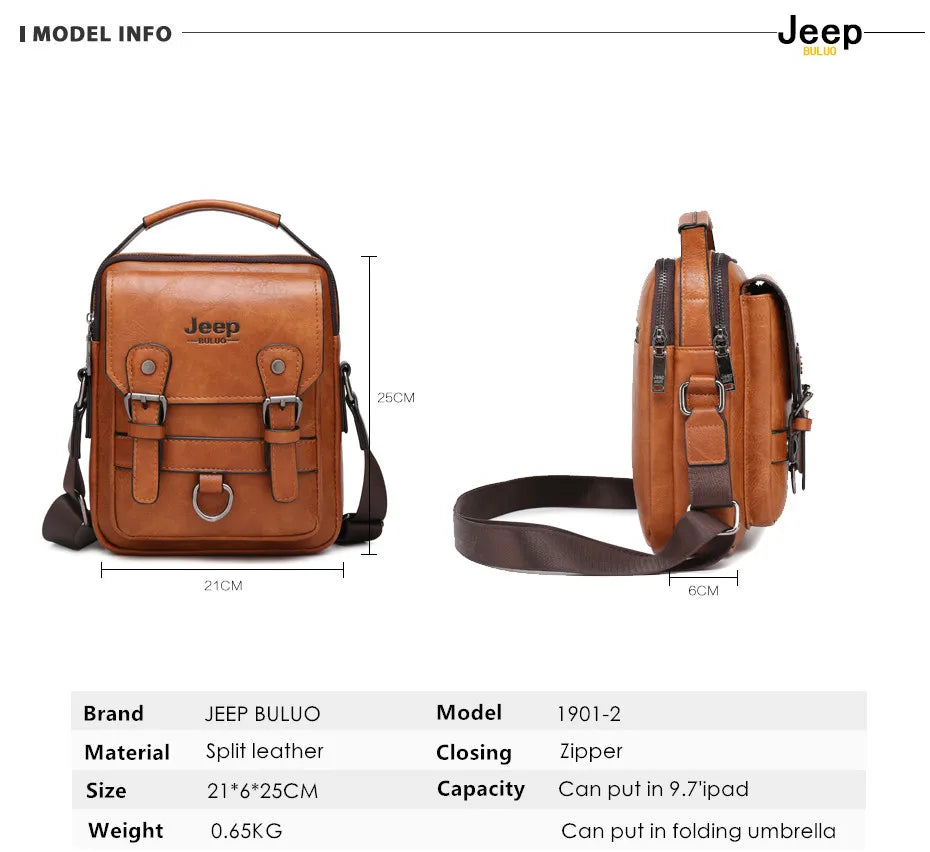 حقيبة JEEP BULUO متعددة الوظائف للأعمال - حقيبة كتف رجالية جلدية كبيرة السعة للرسائل والكروس بودي من العلامة التجارية الكبيرة