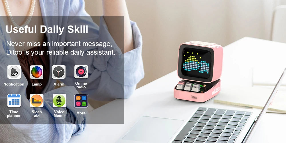 سماعة Divoom Ditoo-Pro بكسل آرت ريترو - سماعة بلوتوث محمولة مع منبه وشاشة LED قابلة للتخصيص هدية لطيفة للمنزل
