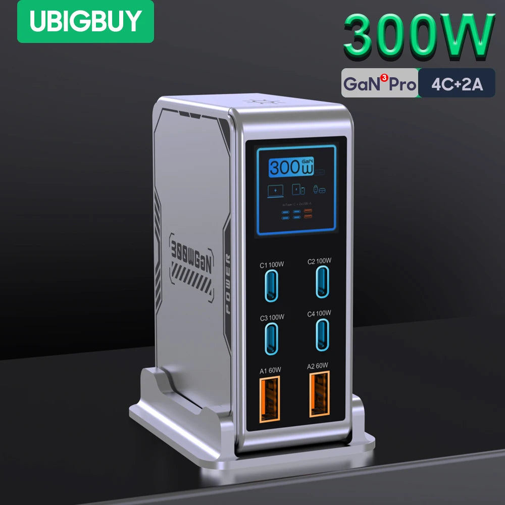 شاحن GaN 300W بـ 6 منافذ - شاحن سريع PD 100W USB Type C مع شاشة رقمية لماك بوك وآيفون وسامسونج