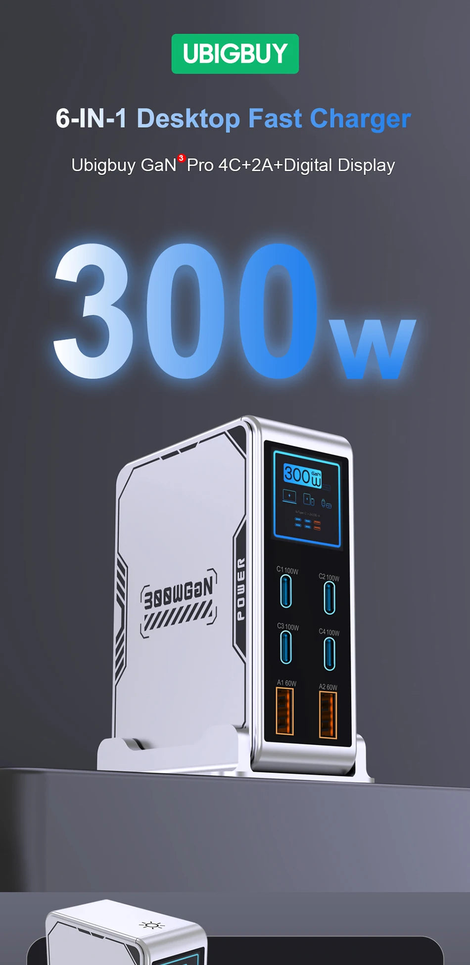 شاحن GaN 300W بـ 6 منافذ - شاحن سريع PD 100W USB Type C مع شاشة رقمية لماك بوك وآيفون وسامسونج