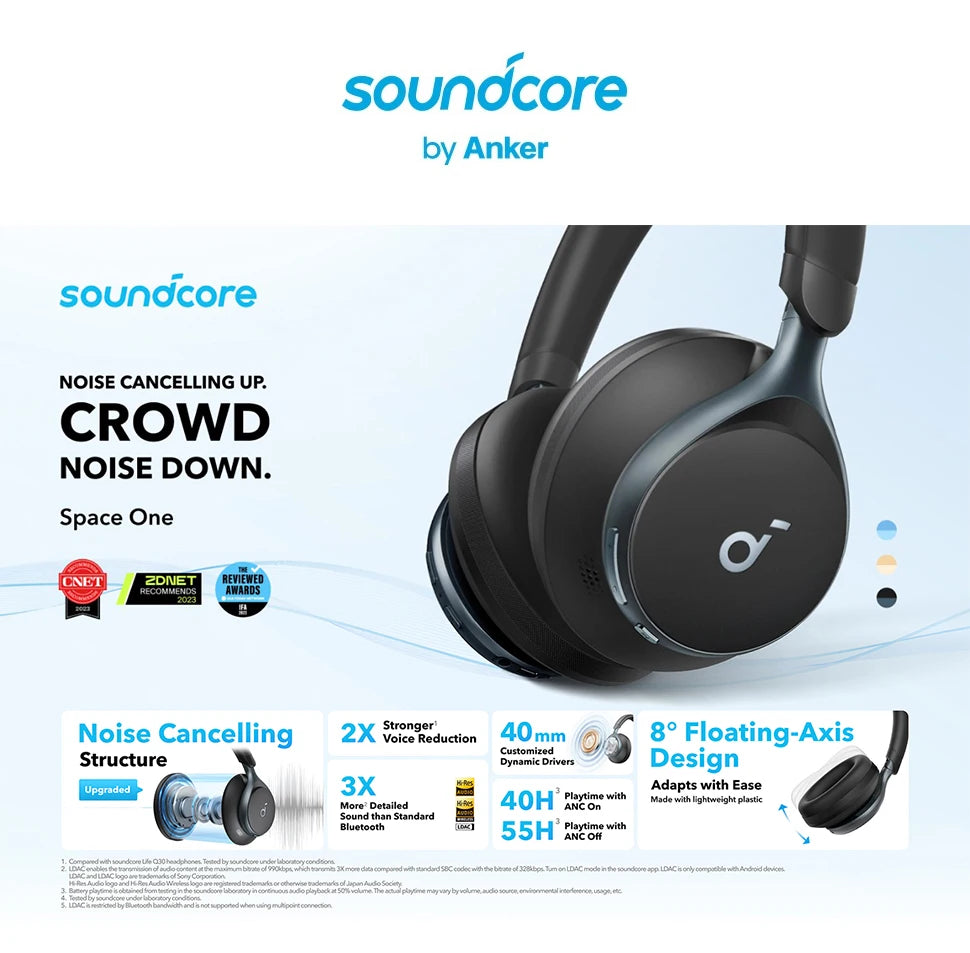 سماعات Soundcore من Anker Space One لاسلكية بتقنية إلغاء الضوضاء النشط - سماعات بلوتوث لاسلكية
