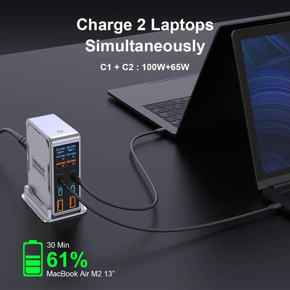 شاحن GaN 300W بـ 6 منافذ - شاحن سريع PD 100W USB Type C مع شاشة رقمية لماك بوك وآيفون وسامسونج