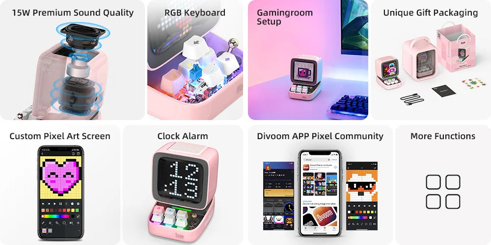 سماعة Divoom Ditoo-Pro بكسل آرت ريترو - سماعة بلوتوث محمولة مع منبه وشاشة LED قابلة للتخصيص هدية لطيفة للمنزل