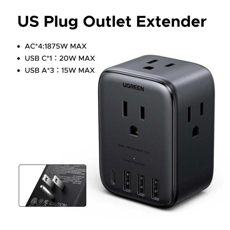 موزع طاقة UGREEN 20W - شريط كهرباء 4 مقابس AC مع 3 USB-A و 1 USB-C للمنزل والمكتب والسفر 1875W 15A 125V