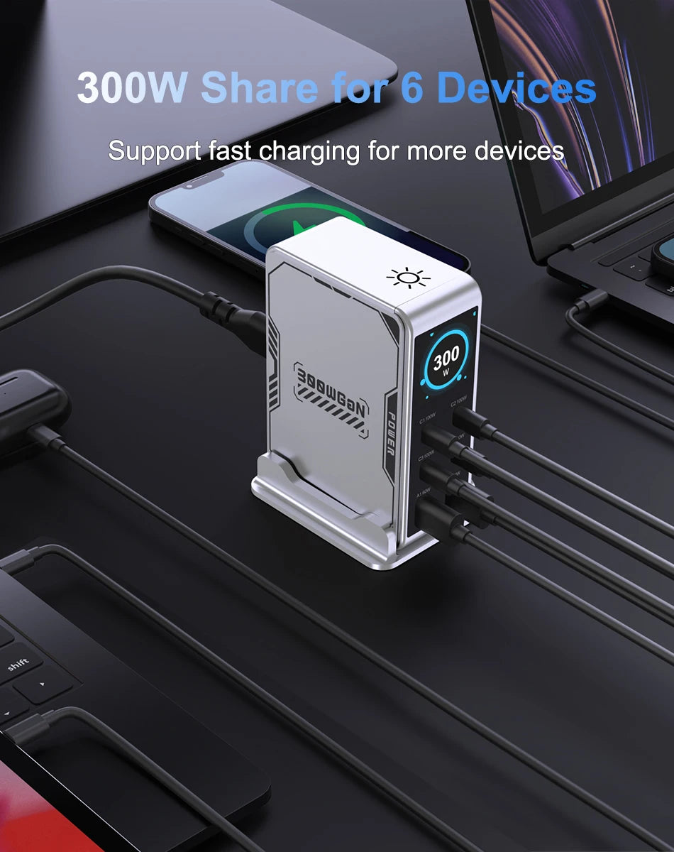 شاحن GaN 300W بـ 6 منافذ - شاحن سريع PD 100W USB Type C مع شاشة رقمية لماك بوك وآيفون وسامسونج