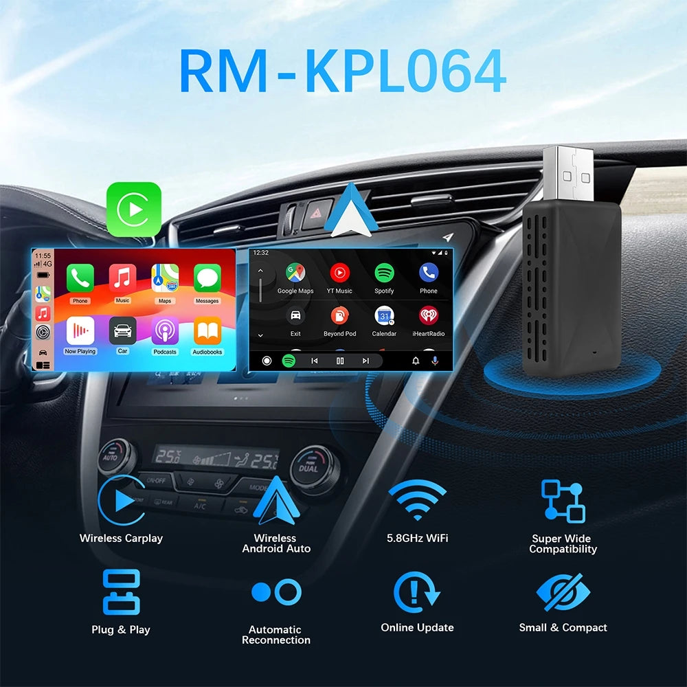 محول CarPlay لاسلكي وAndroid Auto - دونجل ذكي 2 في 1 لسيارات فولفو ومرسيدس وأودي وكيا وهيونداي وفولكس واجن ومازدا وكاديلاك