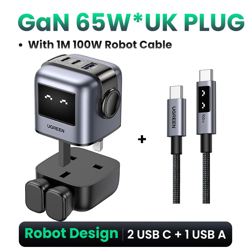 شاحن UGREEN 65W GaN بتصميم روبوت Uno - شاحن سريع PD مع PPS PD3.0 لهواتف iPhone 17 و 16 و 15 ولابتوب Xiaomi وMacbook Pro