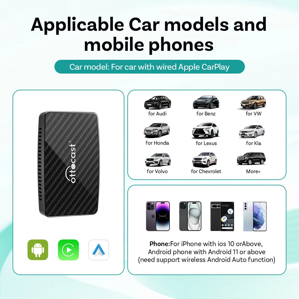 صندوق Ottocast Play2Video Pro الذكي - محول CarPlay لاسلكي وAndroid Auto مع YouTube وNetflix وIPTV للسيارات