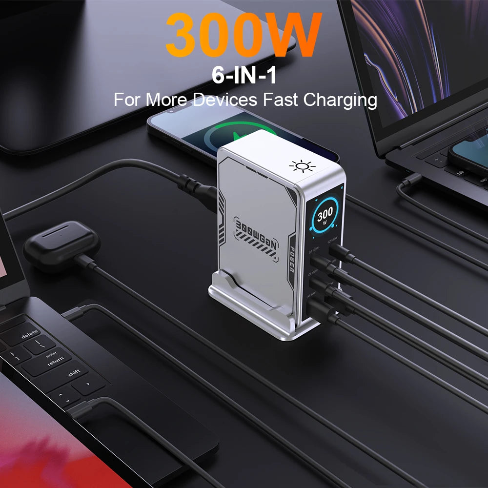 شاحن GaN 300W بـ 6 منافذ - شاحن سريع PD 100W USB Type C مع شاشة رقمية لماك بوك وآيفون وسامسونج