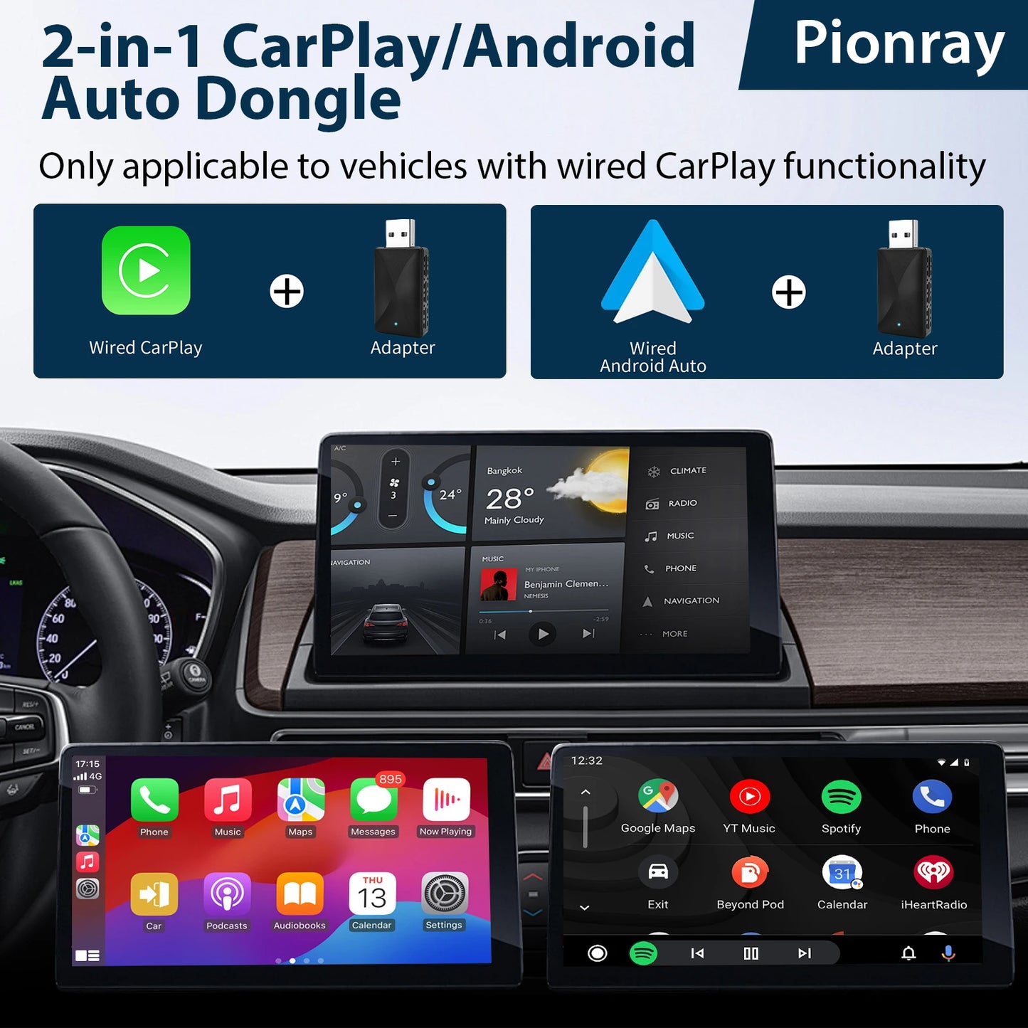 محول CarPlay لاسلكي 2 في 1 - يحول السلكي إلى لاسلكي لهواتف iPhone مع تحكم لاسلكي Plug & Play