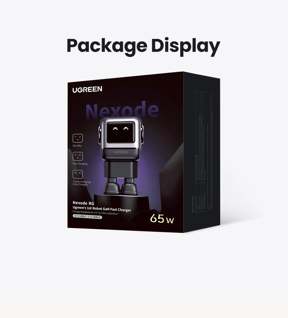 شاحن UGREEN 65W GaN بتصميم روبوت Uno - شاحن سريع PD مع PPS PD3.0 لهواتف iPhone 17 و 16 و 15 ولابتوب Xiaomi وMacbook Pro