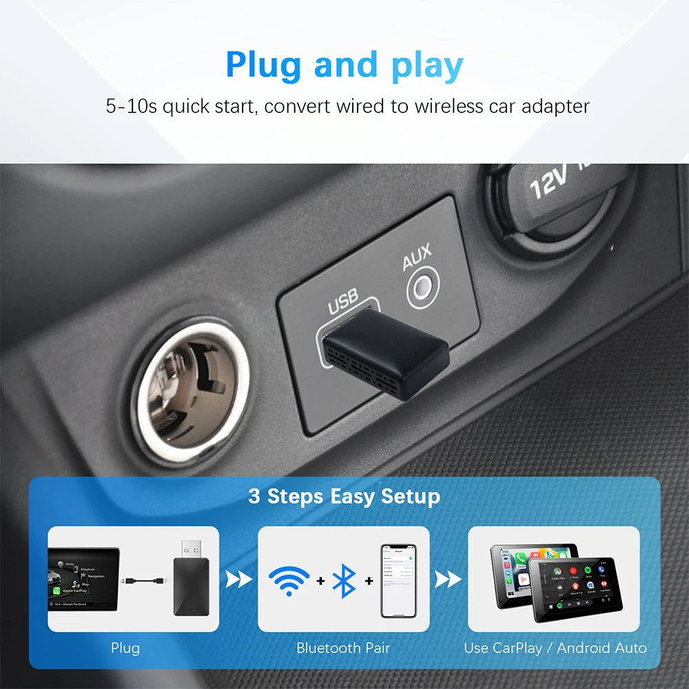 محول CarPlay لاسلكي وAndroid Auto - دونجل ذكي 2 في 1 لسيارات فولفو ومرسيدس وأودي وكيا وهيونداي وفولكس واجن ومازدا وكاديلاك