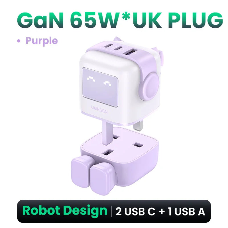 شاحن UGREEN 65W GaN بتصميم روبوت Uno - شاحن سريع PD مع PPS PD3.0 لهواتف iPhone 17 و 16 و 15 ولابتوب Xiaomi وMacbook Pro