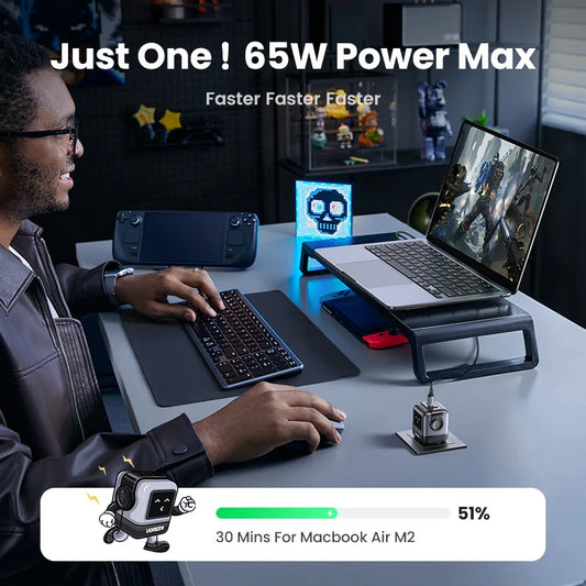 شاحن UGREEN 65W GaN بتصميم روبوت Uno - شاحن سريع PD مع PPS PD3.0 لهواتف iPhone 17 و 16 و 15 ولابتوب Xiaomi وMacbook Pro