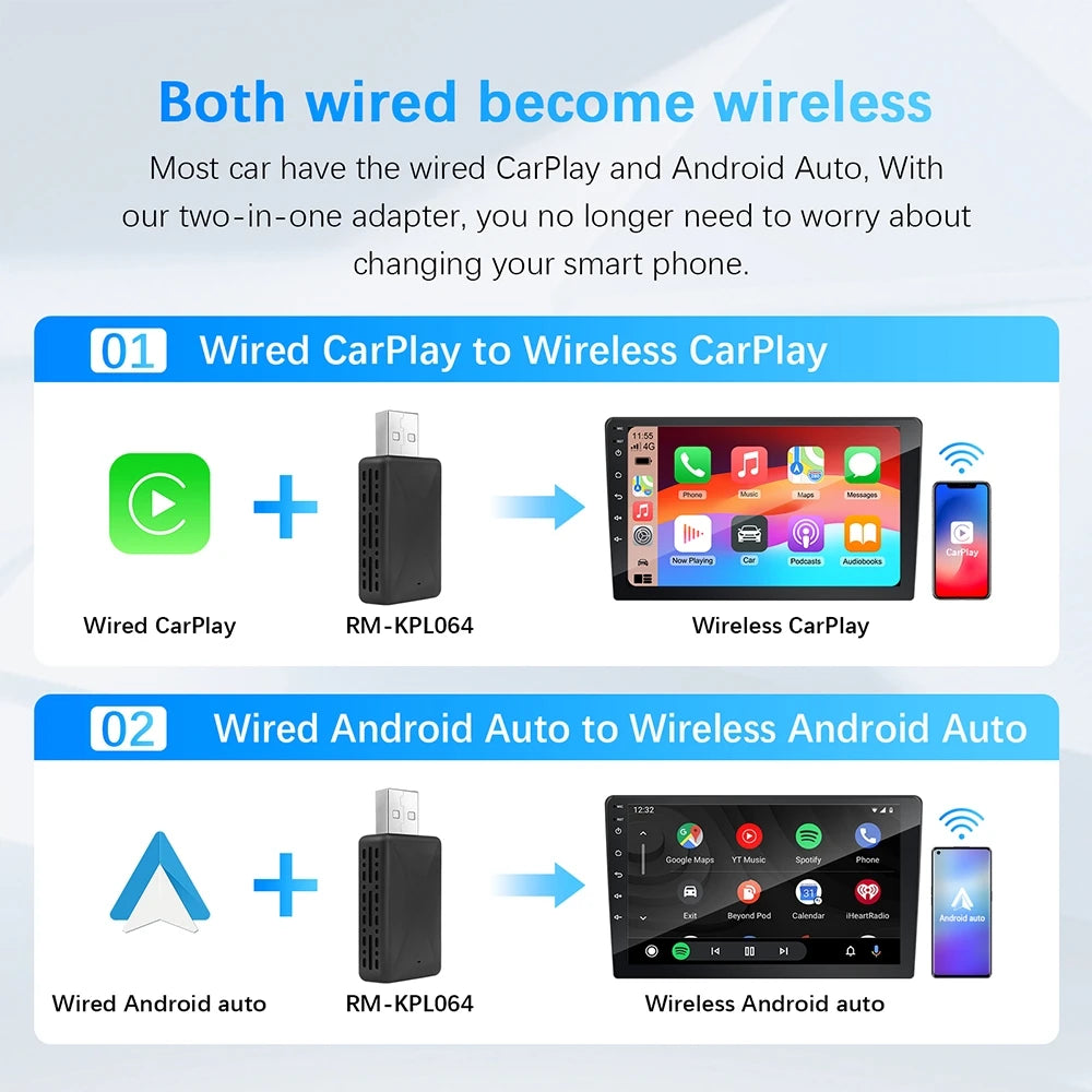محول CarPlay لاسلكي وAndroid Auto - دونجل ذكي 2 في 1 لسيارات فولفو ومرسيدس وأودي وكيا وهيونداي وفولكس واجن ومازدا وكاديلاك