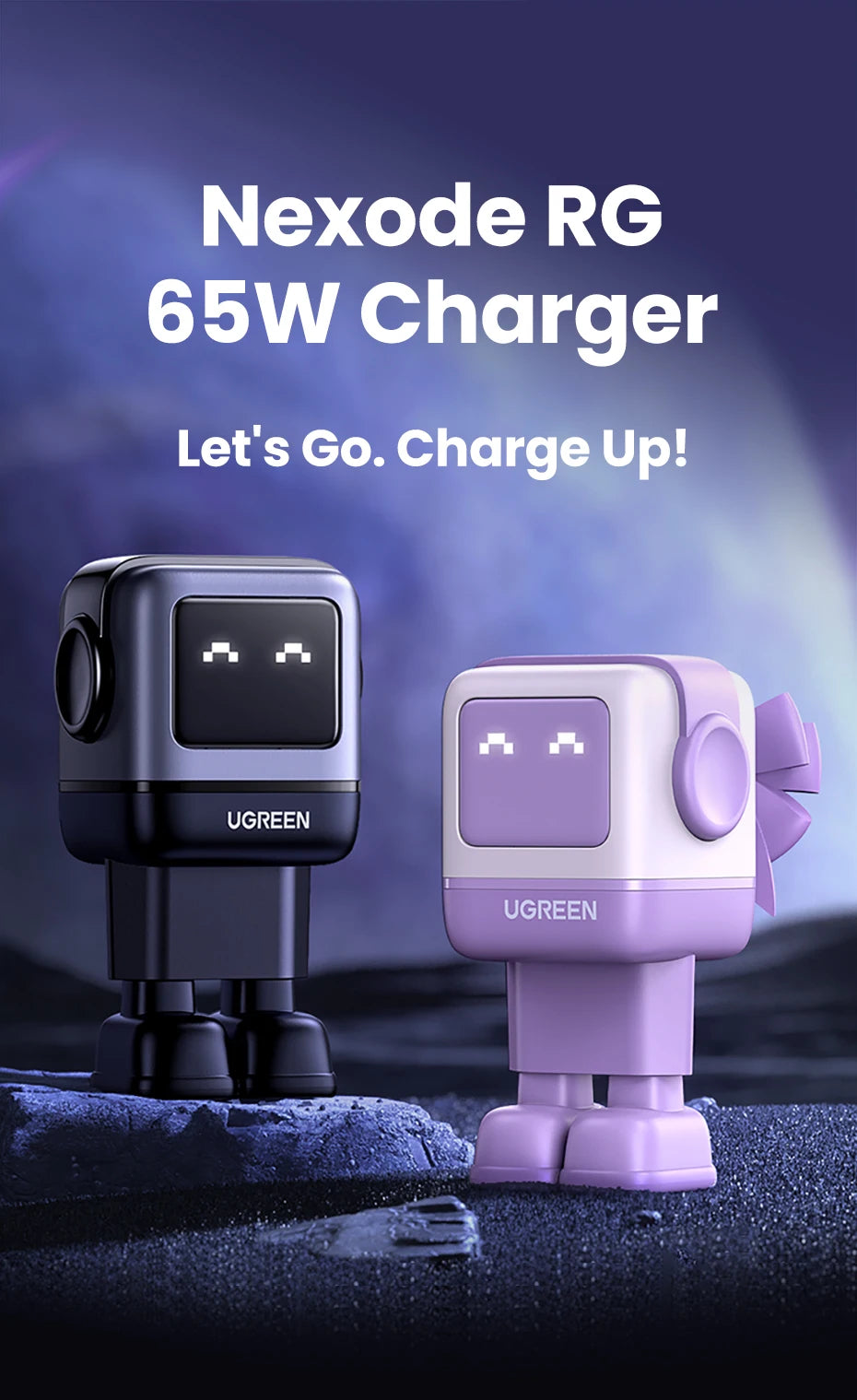 شاحن UGREEN 65W GaN بتصميم روبوت Uno - شاحن سريع PD مع PPS PD3.0 لهواتف iPhone 17 و 16 و 15 ولابتوب Xiaomi وMacbook Pro