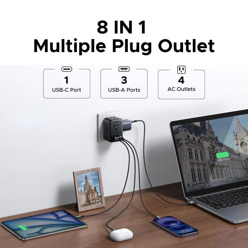 موزع طاقة UGREEN 20W - شريط كهرباء 4 مقابس AC مع 3 USB-A و 1 USB-C للمنزل والمكتب والسفر 1875W 15A 125V