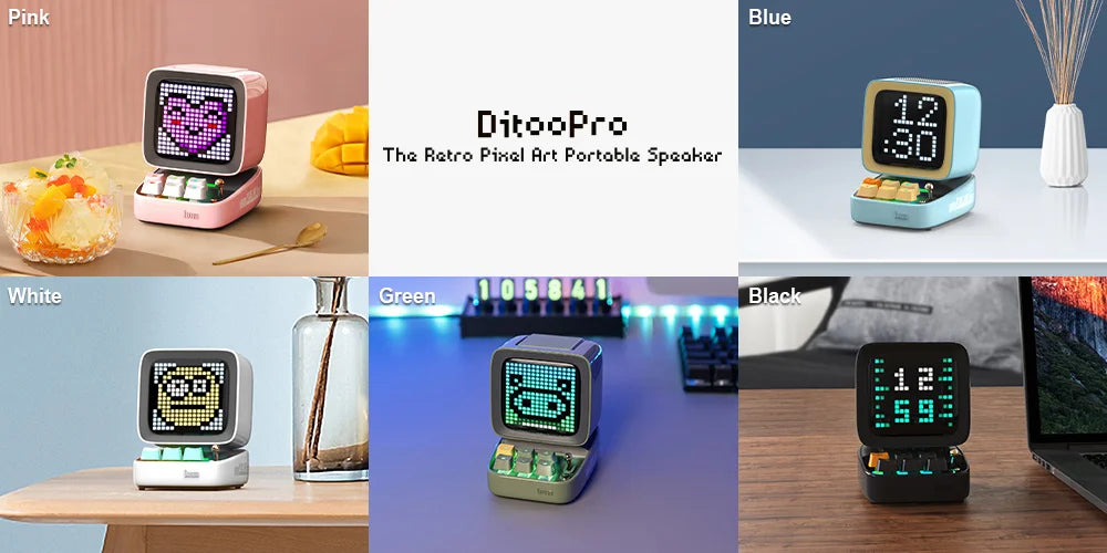 سماعة Divoom Ditoo-Pro بكسل آرت ريترو - سماعة بلوتوث محمولة مع منبه وشاشة LED قابلة للتخصيص هدية لطيفة للمنزل