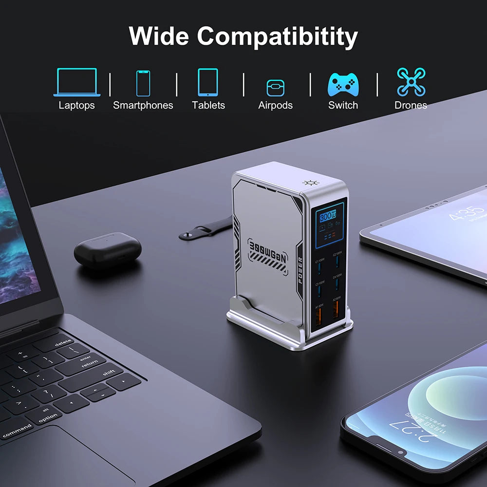 شاحن GaN 300W بـ 6 منافذ - شاحن سريع PD 100W USB Type C مع شاشة رقمية لماك بوك وآيفون وسامسونج