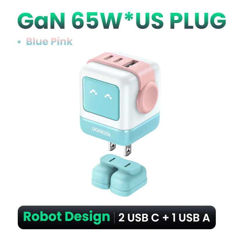 شاحن UGREEN 65W GaN بتصميم روبوت Uno - شاحن سريع PD مع PPS PD3.0 لهواتف iPhone 17 و 16 و 15 ولابتوب Xiaomi وMacbook Pro