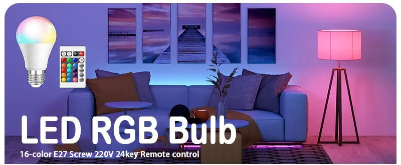 لمبة LED ملونة RGB بـ 16 لون - لمبة متعددة الألوان E27 220V للإضاءة المنزلية قابلة للتعتيم مع ريموت كنترول 24 زر