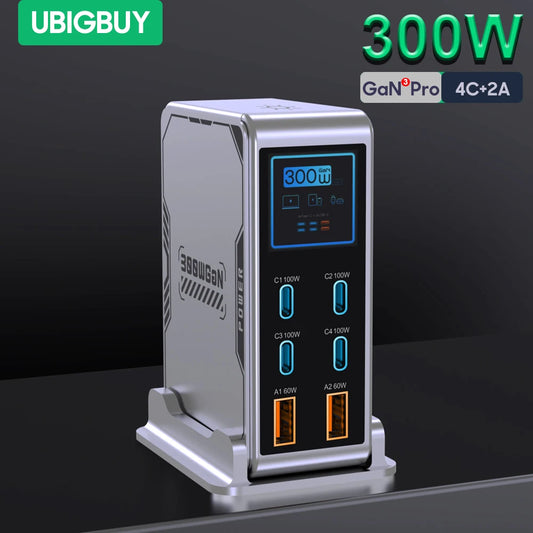 شاحن GaN 300W بـ 6 منافذ - شاحن سريع PD 100W USB Type C مع شاشة رقمية لماك بوك وآيفون وسامسونج
