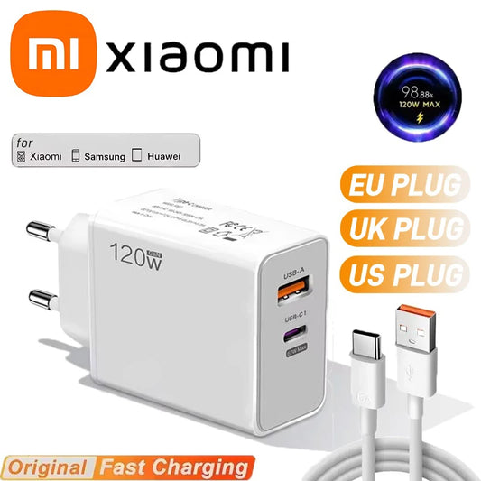 شاحن Xiaomi الأصلي 120W فائق السرعة - محول حائط هايبر تشارج مع كابل Type-C لهواتف Xiaomi 13 و 12 و 11 Ultra و Redmi