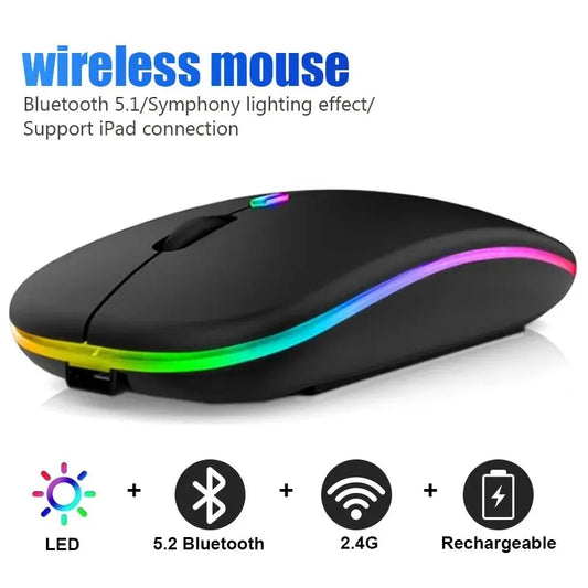 ماوس لاسلكي RGB قابل للشحن - ماوس بلوتوث للألعاب مع إضاءة LED خلفية مريح للابتوب والكمبيوتر 3600DPI