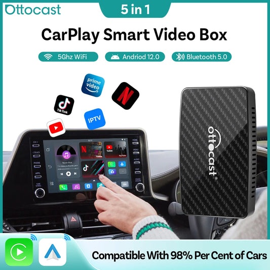 صندوق Ottocast Play2Video Pro الذكي - محول CarPlay لاسلكي وAndroid Auto مع YouTube وNetflix وIPTV للسيارات
