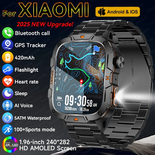 ساعة ذكية رياضية 2025 مع GPS - شاشة HD 1.96 بوصة ومقاومة الماء 5ATM للرجال