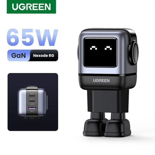 شاحن UGREEN 65W GaN بتصميم روبوت Uno - شاحن سريع PD مع PPS PD3.0 لهواتف iPhone 17 و 16 و 15 ولابتوب Xiaomi وMacbook Pro
