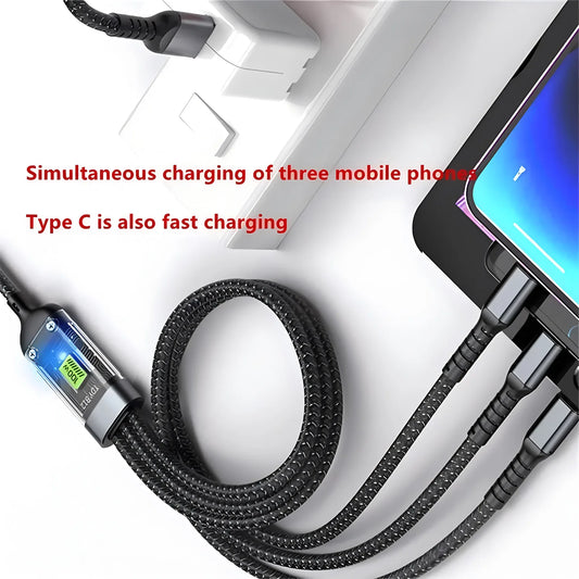 كابل شحن سريع 100W متعدد الاستخدامات - كابل شحن مضفر بالنايلون 3 في 1 مع Type-C و Micro USB