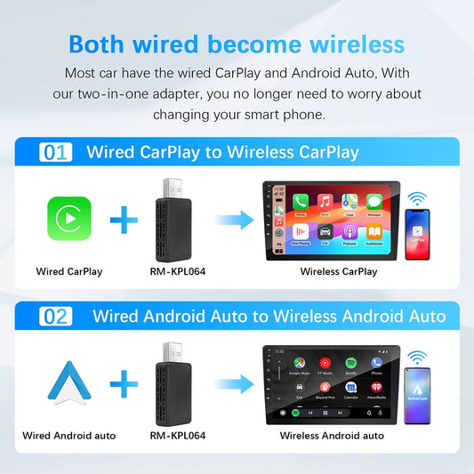 محول CarPlay لاسلكي وAndroid Auto - دونجل ذكي 2 في 1 لسيارات فولفو ومرسيدس وأودي وكيا وهيونداي وفولكس واجن ومازدا وكاديلاك