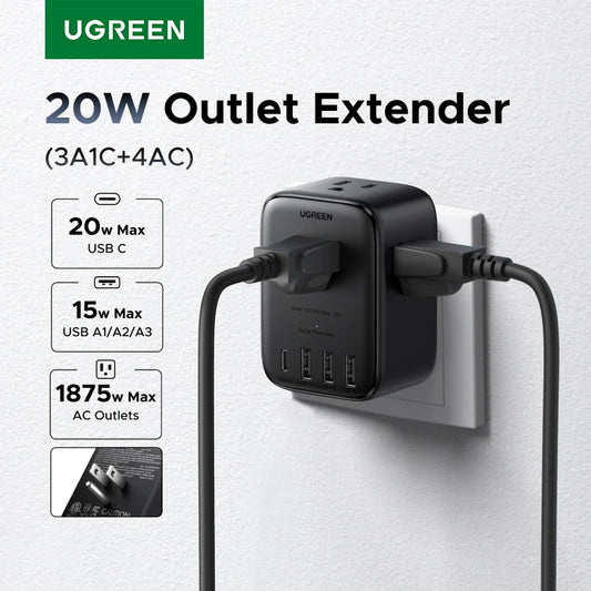 موزع طاقة UGREEN 20W - شريط كهرباء 4 مقابس AC مع 3 USB-A و 1 USB-C للمنزل والمكتب والسفر 1875W 15A 125V