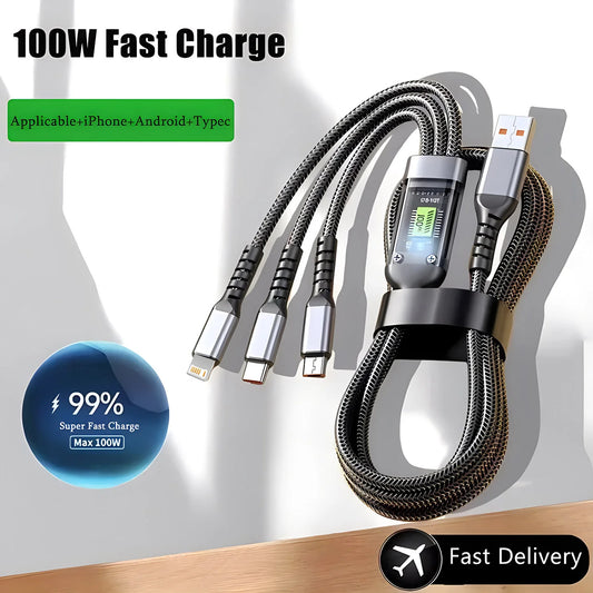كابل شحن سريع 100W متعدد الاستخدامات - كابل شحن مضفر بالنايلون 3 في 1 مع Type-C و Micro USB