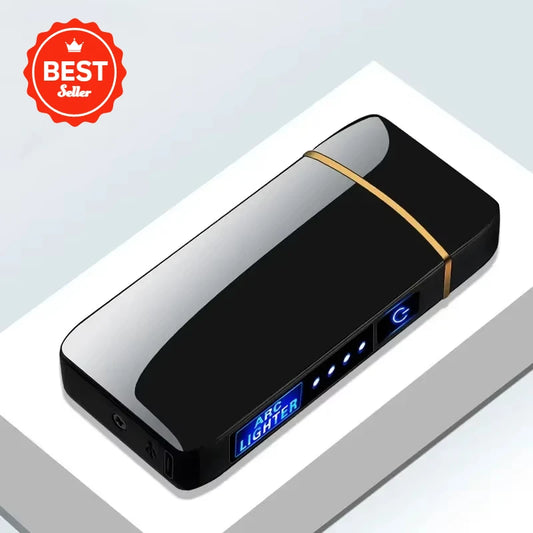 ولاعة كهربائية مقاومة للرياح 2025 - ولاعة معدنية بقوس مزدوج بلازما قابلة للشحن USB مع شاشة LED