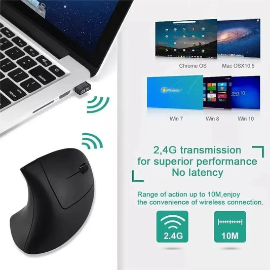 ماوس عمودي مريح لاسلكي 2.4GHz - ماوس بصري بـ 3 مستويات DPI قابلة للتعديل و 6 أزرار للابتوب والكمبيوتر المكتبي